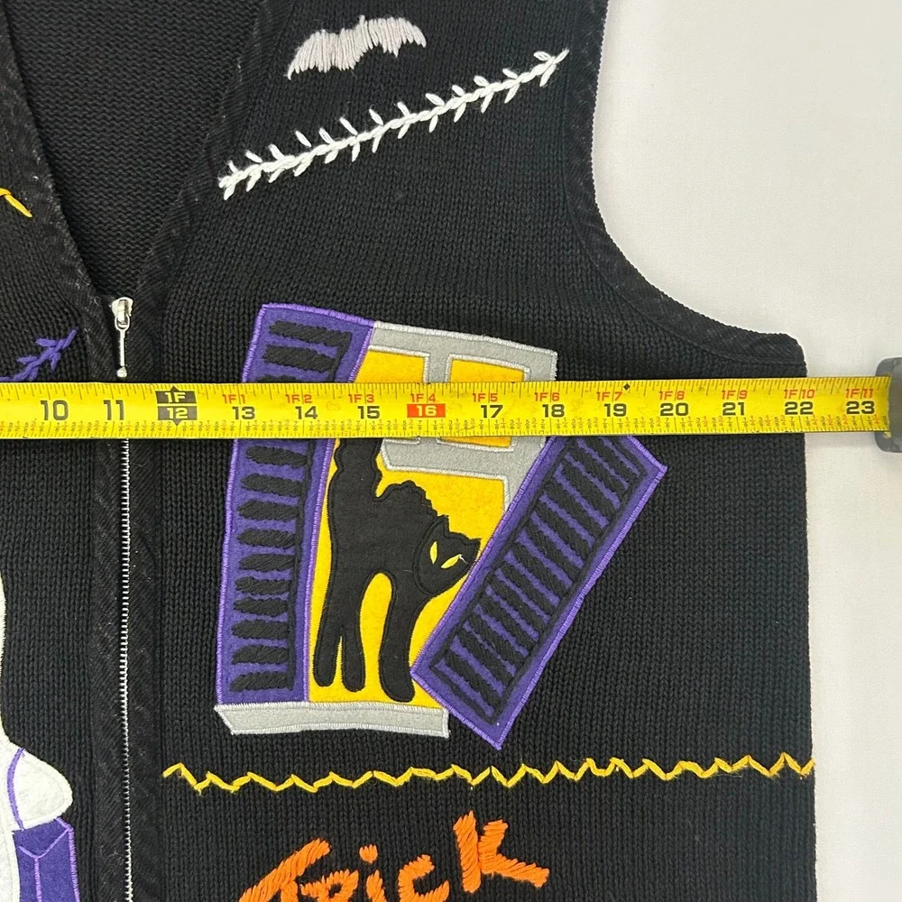 Victoria Jones Halloween Sweater Vest Women L Black Zip Up Ghost Pumpkin Bat VTG